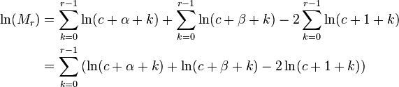 \begin{align}
 \ln(M_r) &= \sum_{k = 0}^{r - 1} \ln(c + \alpha + k)+ \sum_{k = 0}^{r - 1} \ln(c + \beta + k)- 2 \sum_{k = 0}^{r - 1} \ln(c + 1 + k) \\ 
              &= \sum_{k = 0}^{r - 1} \left(\ln(c + \alpha + k) + \ln(c + \beta + k) -2 \ln(c + 1 + k)\right)
\end{align}