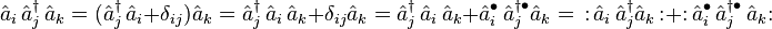 \hat{a}_i \,\hat{a}_j^\dagger \, \hat{a}_k= (\hat{a}_j^\dagger \,\hat{a}_i + \delta_{ij})\hat{a}_k = \hat{a}_j^\dagger \,\hat{a}_i\, \hat{a}_k + \delta_{ij}\hat{a}_k = \hat{a}_j^\dagger \,\hat{a}_i\,\hat{a}_k + \hat{a}_i^\bullet \,\hat{a}_j^{\dagger\bullet} \hat{a}_k =\,\mathopen{:}\,\hat{a}_i\, \hat{a}_j^\dagger \hat{a}_k \,\mathclose{:}  +  \mathopen{:}\,\hat{a}_i^\bullet \,\hat{a}_j^{\dagger\bullet} \,\hat{a}_k \mathclose{:} 