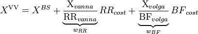 
X^{\rm VV} = X ^{BS} + \underbrace{\frac{\textrm{X}_{vanna}}{\textrm{RR}_{vanna}}}_{w_{RR}} {RR}_{cost} +
\underbrace{\frac{\textrm{X}_{volga}}{\textrm{BF}_{volga}}}_{w_{
BF}} {BF}_{cost} 
