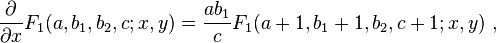 
\frac {\partial} {\partial x} F_1(a,b_1,b_2,c; x,y) = \frac {a b_1} {c} F_1(a+1,b_1+1,b_2,c+1; x,y) ~,
