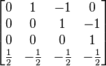 \begin{bmatrix}
0&1&-1&0 \\
0&0&1&-1 \\
0&0&0&1 \\
\frac{1}{2}&-\frac{1}{2}&-\frac{1}{2}&-\frac{1}{2}\\
\end{bmatrix}