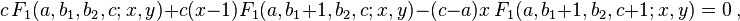 
c \,F_1(a,b_1,b_2,c; x,y) + c(x-1) F_1(a,b_1+1,b_2,c; x,y) - (c-a)x \,F_1(a,b_1+1,b_2,c+1; x,y) = 0 ~,
