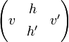 
\begin{pmatrix} & h& \\[-0.9ex] v & & v'\\[-0.9ex]& h'& \end{pmatrix}
