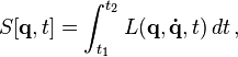 S[\mathbf{q},t] = \int_{t_1}^{t_2}L(\mathbf{q}, \mathbf{\dot{q}}, t)\,dt \,,