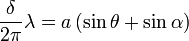 \frac{\delta}{2\pi}\lambda = a \left ( \sin\theta + \sin\alpha \right ) \,\!