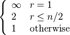 \left\{\begin{array}{ll}\infty & r = 1\\ 2 & r \le n/2\\ 1 & \text{otherwise}\end{array}\right.