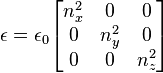 \mathbf{\epsilon}= \epsilon_0
\begin{bmatrix} n_x^2 & 0 & 0 \\ 0& n_y^2 & 0 \\ 0& 0& n_z^2 \end{bmatrix} \,