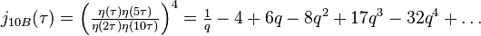 \begin{align}j_{10B}(\tau) &= \Big(\tfrac{\eta(\tau)\eta(5\tau)}{\eta(2\tau)\eta(10\tau)}\Big)^{4}=\tfrac{1}{q} - 4 + 6q - 8q^2 + 17q^3 - 32q^4 +\dots
\end{align}