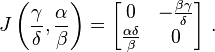 J\left(\frac{\gamma}{\delta},\frac{\alpha}{\beta}\right) = \begin{bmatrix}
0 & -\frac{\beta \gamma}{\delta} \\
\frac{\alpha \delta}{\beta} & 0
\end{bmatrix}~.