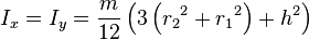 I_x = I_y = \frac{m}{12} \left(3\left({r_2}^2 + {r_1}^2\right)+h^2\right)