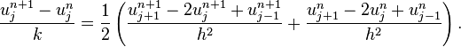  \frac{u_j^{n+1} - u_j^{n}}{k} = \frac{1}{2} \left(\frac{u_{j+1}^{n+1} - 2u_j^{n+1} + u_{j-1}^{n+1}}{h^2}+\frac{u_{j+1}^{n} - 2u_j^{n} + u_{j-1}^{n}}{h^2}\right).\, 