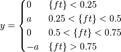 y=\begin{cases}0 & \{ft\} < 0.25 \\ a & 0.25 < \{ft\} < 0.5 \\ 0 & 0.5 < \{ft\} < 0.75 \\ -a & \{ft\} > 0.75 \end{cases}