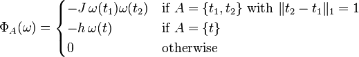 \Phi_A(\omega) = \begin{cases}
-J\,\omega(t_1)\omega(t_2) & \text{if } A=\{t_1,t_2\} \text{ with } \|t_2-t_1\|_1 = 1 \\
-h\,\omega(t) & \text{if } A=\{t\}\\
0 & \text{otherwise}
\end{cases}