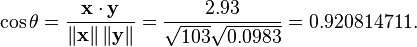  \cos \theta = \frac { \mathbf{x} \cdot \mathbf{y} } { \left\| \mathbf{x} \right\| \left\| \mathbf{y} \right\| } = \frac { 2.93 } { \sqrt { 103 } \sqrt { 0.0983 } } = 0.920814711. 