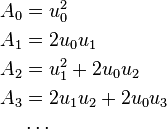 
\begin{align}
A_{0} &= u_{0}^{2} \\
A_{1} &= 2 u_{0} u_{1} \\
A_{2} &= u_{1}^{2} + 2 u_{0} u_{2} \\
A_{3} &= 2 u_{1} u_{2} + 2 u_{0} u_{3} \\
 & \cdots
\end{align}
