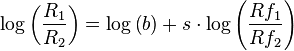 \log\left(\frac{R_1}{R_2}\right)=\log\left(b\right)+s\cdot\log\left(\frac{Rf_1}{Rf_2}\right)