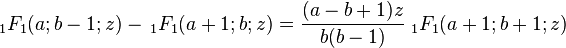  \; {}_1F_1(a;b-1;z)- \, {}_1F_1(a+1;b;z) = \frac{(a-b+1)z}{b(b-1)} \; {}_1F_1(a+1;b+1;z)