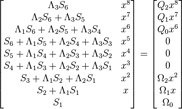 \begin{bmatrix}
\Lambda_3 S_6 & x^8 \\
\Lambda_2 S_6 + \Lambda_3 S_5 & x^7  \\
\Lambda_1 S_6 + \Lambda_2 S_5 + \Lambda_3 S_4 & x^6 \\
          S_6 + \Lambda_1 S_5 + \Lambda_2 S_4 + \Lambda_3 S_3 & x^5 \\
          S_5 + \Lambda_1 S_4 + \Lambda_2 S_3 + \Lambda_3 S_2 & x^4 \\
          S_4 + \Lambda_1 S_3 + \Lambda_2 S_2 + \Lambda_3 S_1 & x^3 \\
          S_3 + \Lambda_1 S_2 + \Lambda_2 S_1 & x^2 \\
          S_2 + \Lambda_1 S_1 & x \\
          S_1 &  \\
\end{bmatrix}
=
\begin{bmatrix}
Q_2 x^8 \\
Q_1 x^7 \\
Q_0 x^6 \\
0 \\
0 \\
0 \\
\Omega_2 x^2 \\
\Omega_1 x \\
\Omega_0 \\
\end{bmatrix}
