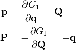 \begin{align}
\mathbf{p} &= \frac{\partial G_{1}}{\partial \mathbf{q}} = \mathbf{Q} \\
\mathbf{P} &= -\frac{\partial G_{1}}{\partial \mathbf{Q}} = -\mathbf{q}
\end{align}