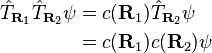 \begin{align}\hat T_{\mathbf R_1}\hat T_{\mathbf R_2}\psi & =c(\mathbf R_1)\hat T_{\mathbf R_2}\psi\\
& =c(\mathbf R_1)c(\mathbf R_2)\psi\end{align}