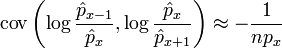 
\text{cov}\left(\log \frac{\hat p_{x-1}}{\hat p_x}, \log \frac{\hat p_x}{\hat p_{x+1}} \right) \approx - \frac{1}{np_x}
