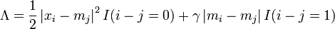 \Lambda = \frac12 \left|x_i-m_j\right|^2 I(i-j=0) + \gamma\left|m_i-m_j\right| I(i-j=1)