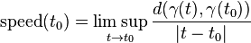 \operatorname{speed}(t_0)=\limsup_{t\to t_0} {d(\gamma(t),\gamma(t_0))\over |t-t_0|} 