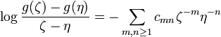  \log {g(\zeta)-g(\eta)\over \zeta -\eta} = -\sum_{m,n\ge 1} c_{mn} \zeta^{-m} \eta^{-n}