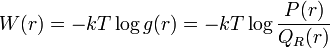 
W(r)=-kT\log g(r)=-kT\log\frac{P(r)}{Q_{R}(r)}
