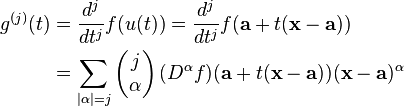 \begin{align}
g^{(j)}(t)&=\frac{d^j}{dt^j}f(u(t)) = \frac{d^j}{dt^j} f(\mathbf{a}+t(\mathbf{x}-\mathbf{a})) \\
&= \sum_{|\alpha|=j} \left(\begin{matrix} j \\ \alpha\end{matrix} \right) (D^\alpha f) (\mathbf{a}+t(\mathbf{x}-\mathbf{a})) (\mathbf{x}-\mathbf{a})^\alpha
\end{align}