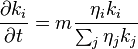 \frac{\partial k_i}{\partial t} = m\frac{\eta_i k_i}{\sum_j \eta_j k_j}