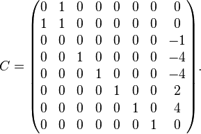 C=\begin{pmatrix}
      0& 1& 0& 0& 0& 0& 0& 0 \\
      1& 1& 0& 0& 0& 0& 0& 0 \\
      0& 0& 0& 0& 0& 0& 0&-1 \\
      0& 0& 1& 0& 0& 0& 0&-4 \\
      0& 0& 0& 1& 0& 0& 0&-4 \\
      0& 0& 0& 0& 1& 0& 0& 2 \\
      0& 0& 0& 0& 0& 1& 0& 4 \\
      0& 0& 0& 0& 0& 0& 1& 0 \end{pmatrix}.