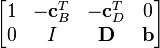 
  \begin{bmatrix}
    1 & -\mathbf{c}^T_B & -\mathbf{c}^T_D & 0 \\
    0 & I & \mathbf{D} & \mathbf{b}
  \end{bmatrix}
