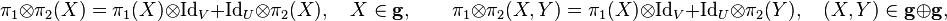 \pi_1\otimes\pi_2(X) = \pi_1(X) \otimes \mathrm{Id}_V + \mathrm{Id}_U \otimes \pi_2(X), \quad X \in \mathbf{g}, \qquad \pi_1\otimes\pi_2(X, Y) = \pi_1(X) \otimes \mathrm{Id}_V + \mathrm{Id}_U \otimes \pi_2(Y), \quad (X,Y) \in \mathbf{g} \oplus \mathbf{g},