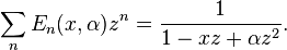 \sum_nE_n(x,\alpha)z^n = \frac{1}{1-xz+\alpha z^2}. \, 