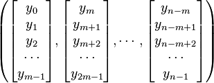 \left(\begin{bmatrix}y_0\\y_1\\y_2\\\cdots\\y_{m-1}\end{bmatrix},\begin{bmatrix}y_m\\y_{m+1}\\y_{m+2}\\\cdots\\y_{2m-1}\end{bmatrix},\cdots,\begin{bmatrix}y_{n-m}\\y_{n-m+1}\\y_{n-m+2}\\\cdots\\y_{n-1}\end{bmatrix}\right)