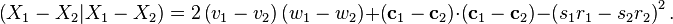 
\left( X_{1} - X_{2}| X_{1} - X_{2} \right) =
2 \left( v_{1} - v_{2} \right) \left( w_{1} - w_{2} \right) +
\left( \mathbf{c}_{1} - \mathbf{c}_{2} \right) \cdot \left( \mathbf{c}_{1} - \mathbf{c}_{2} \right)
- \left( s_{1} r_{1} - s_{2} r_{2} \right)^{2}.
