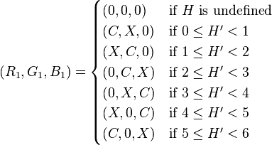 
  (R_1, G_1, B_1) =
    \begin{cases}
      (0, 0, 0) &\mbox{if } H \mbox{ is undefined} \\
      (C, X, 0) &\mbox{if } 0 \leq H^\prime < 1 \\
      (X, C, 0) &\mbox{if } 1 \leq H^\prime < 2 \\
      (0, C, X) &\mbox{if } 2 \leq H^\prime < 3 \\
      (0, X, C) &\mbox{if } 3 \leq H^\prime < 4 \\
      (X, 0, C) &\mbox{if } 4 \leq H^\prime < 5 \\
      (C, 0, X) &\mbox{if } 5 \leq H^\prime < 6
    \end{cases}
