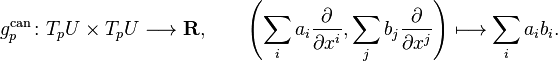 g^{\mathrm{can}}_p \colon T_pU\times T_pU\longrightarrow \mathbf R,\qquad \left(\sum_ia_i\frac{\partial}{\partial x^i},\sum_jb_j\frac{\partial}{\partial x^j}\right)\longmapsto \sum_i a_ib_i.