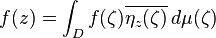 f(z) = \int_D f(\zeta)\overline{\eta_z(\zeta)}\,d\mu(\zeta)