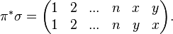 \pi^* \sigma=\begin{pmatrix}
 1 & 2 & ... & n & x & y \\
 1 & 2 & ... & n & y & x
\end{pmatrix}.