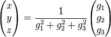 \begin{pmatrix}x\\ y\\ z\end{pmatrix} = \frac{1}{g_1^2 + g_2^2 + g_3^2} \begin{pmatrix}g_1\\ g_2\\ g_3\end{pmatrix}