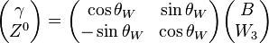  \begin{pmatrix}
\gamma \\
Z^0 \end{pmatrix} = \begin{pmatrix}
\cos \theta_W & \sin \theta_W \\
-\sin \theta_W & \cos \theta_W \end{pmatrix} \begin{pmatrix}
B \\
W_3 \end{pmatrix} 