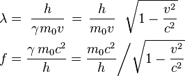 \begin{align}&\lambda =\,\, \frac {h}{\gamma m_0v}\, =\, \frac {h}{m_0v}\,\,\,\, \sqrt{1 - \frac{v^2}{c^2}}\\
& f = \frac{\gamma\,m_0c^2}{h} = \frac {m_0c^2}{h} \bigg/ \sqrt{1 - \frac{v^2}{c^2}}
\end{align}