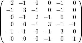 \left(\begin{array}{rrrrrr}
 2 & -1 &  0 &  0 & -1 &  0\\
-1 &  3 & -1 &  0 & -1 &  0\\
 0 & -1 &  2 & -1 &  0 &  0\\
 0 &  0 & -1 &  3 & -1 & -1\\
-1 & -1 &  0 & -1 &  3 &  0\\
 0 &  0 &  0 & -1 &  0 &  1\\
\end{array}\right)