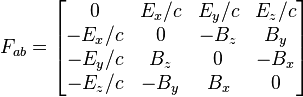 F_{ab} = \begin{bmatrix} 0 & E_x/c & E_y/c & E_z/c \\ -E_x/c & 0 & -B_z & B_y \\ -E_y/c & B_z & 0 & -B_x \\ -E_z/c & -B_y & B_x & 0 \end{bmatrix}