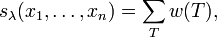  s_\lambda(x_1,\ldots,x_n) = \sum_T w(T), 