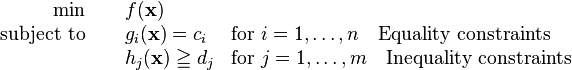 
\begin{array}{rcll}
\min &~& f(\mathbf{x}) & \\
\mathrm{subject~to} &~& g_i(\mathbf{x}) = c_i &\text{for } i=1,\ldots,n \quad \text{Equality constraints} \\
 &~& h_j(\mathbf{x}) \geqq d_j &\text{for } j=1,\ldots,m \quad \text{Inequality constraints}
\end{array}
