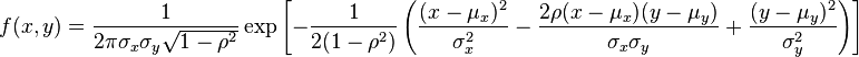  f(x,y) = \frac{1}{2\pi \sigma_x \sigma_y \sqrt{1-\rho^2}} \exp\left[ -\frac{1}{2(1-\rho^2)} \left(\frac{(x-\mu_x)^2}{\sigma_x^2} - \frac{2\rho(x-\mu_x)(y-\mu_y)}{\sigma_x\sigma_y} + \frac{(y-\mu_y)^2}{\sigma_y^2}\right) \right] 