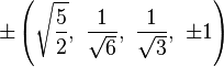 \pm \left({\sqrt {\frac {5}{2}}},\ {\frac {1}{\sqrt {6}}},\ {\frac {1}{\sqrt {3}}},\ \pm 1\right)